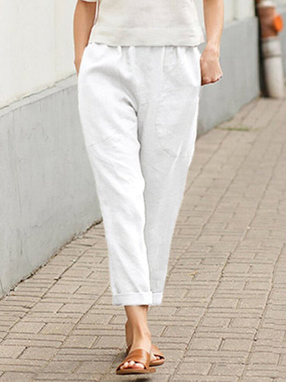 NTG Fad White / S Women's Cotton Linen Solid Color Loose Pocket Harem Pants
