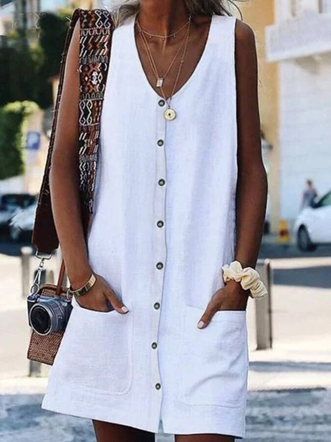 NTG Fad White / S Women's Fashion Simple Cotton Linen V-Neck Pocket Sleeveless Cardigan Dress