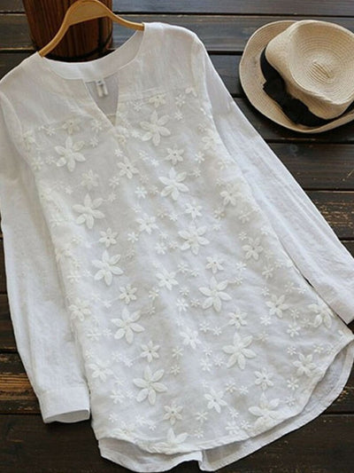 NTG Fad White / S Women's lace embroidered cotton and linen long-sleeved shirt