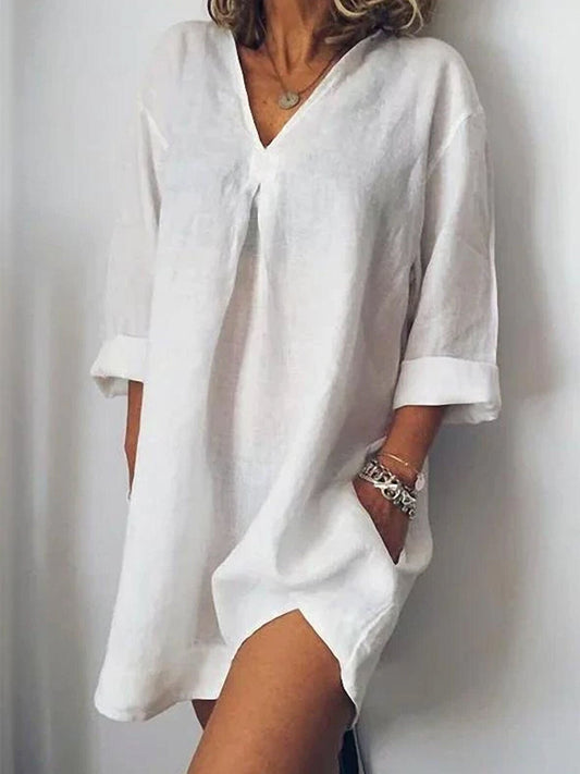 NTG Fad White / S Women's Pure Color V-Neck Linen Dress
