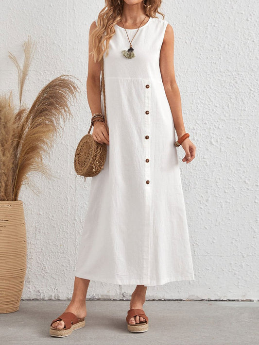 NTG Fad White / S Women's Solid Color Button Cotton Linen Dress
