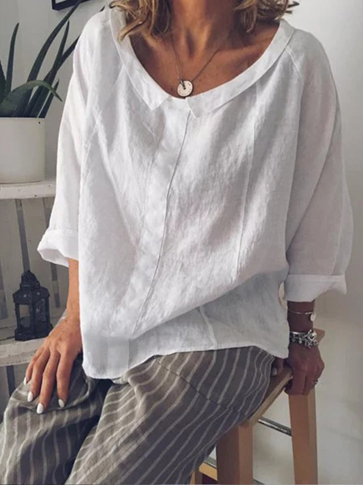 NTG Fad White / S Women's Solid Color Small Lapel Pullover Cotton Linen Shirt