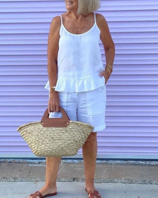 NTG Fad White / US6 Pure Color Ruffle Hem Linen Cotton Camis Shorts Set