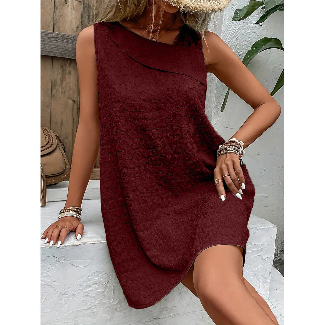 NTG Fad Wine Red / S Women Short Dress Plain Asymmetrical Sleeveless Comfy Casual Dress