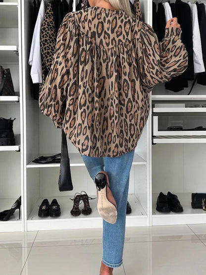 NTG Fad Women Lapel Button Leopard Print Shirt