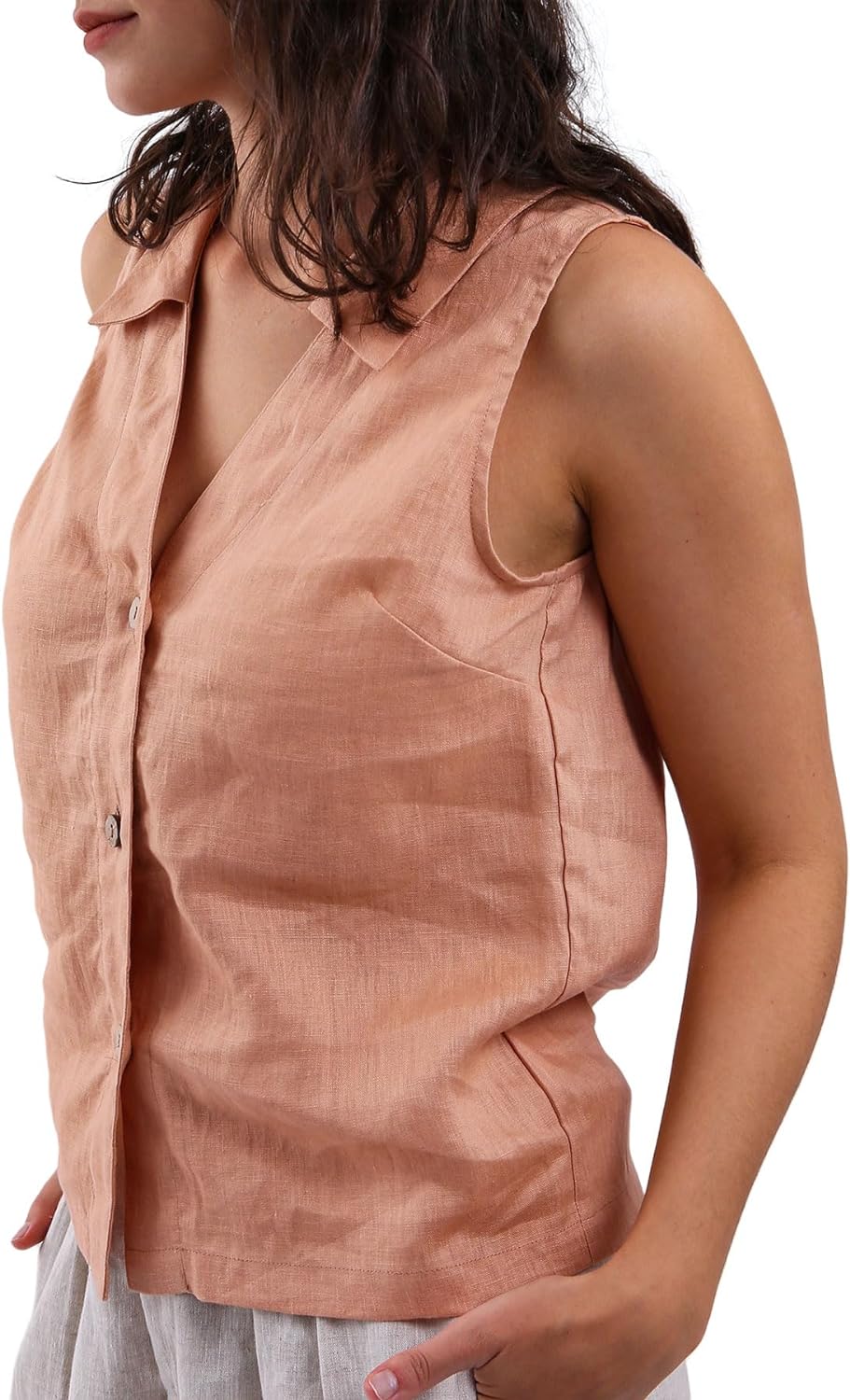 NTG Fad Women's 100% Linen Summer Sleeveless Button-Down Tops Slight Crop Vest