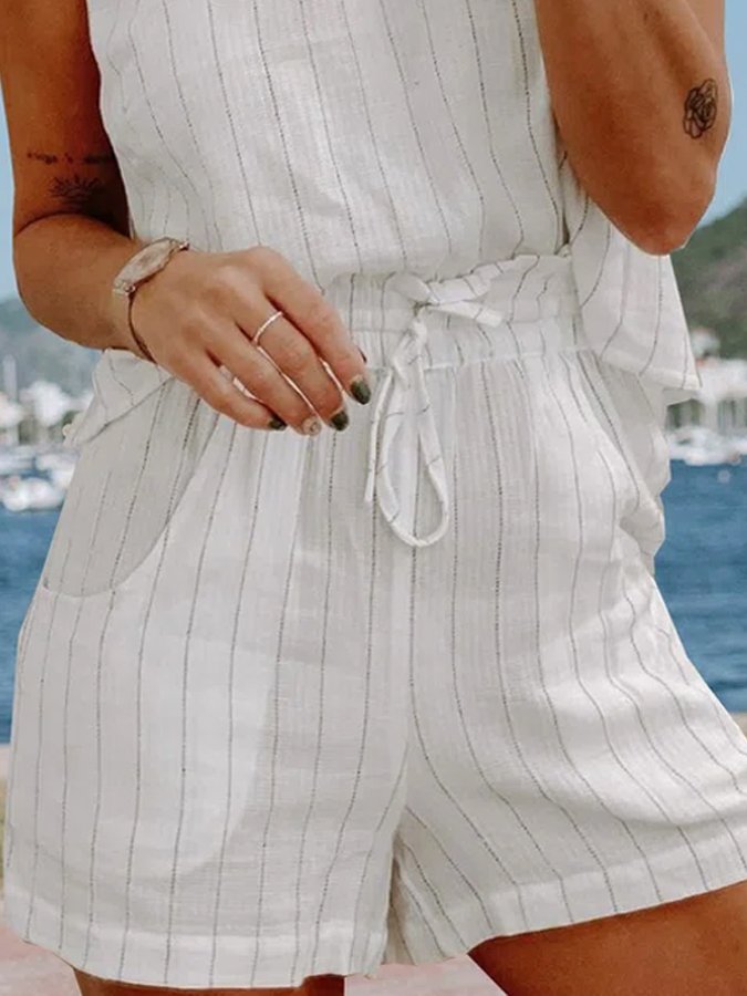 NTG Fad Women's Casual Striped Cotton Linen Shorts Set