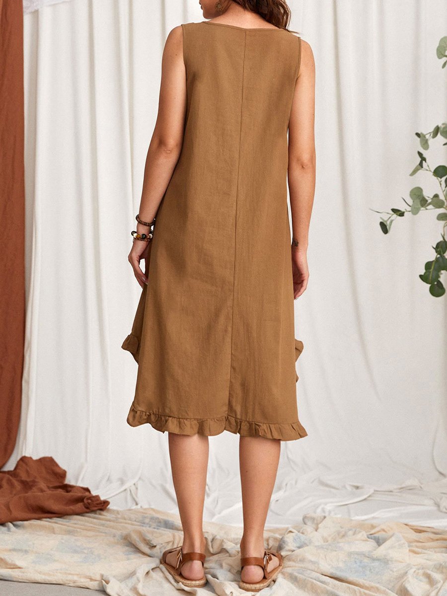 NTG Fad Women's Solid Color Pocket Pleated Cotton Linen Dress
