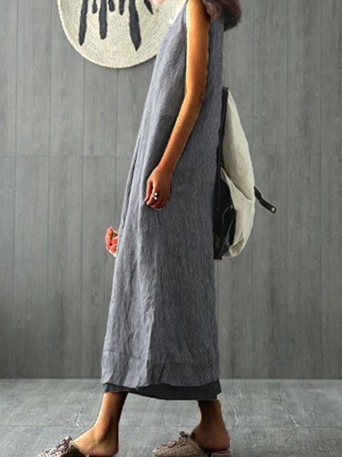 NTG Fad Women's Solid Color Round Neck Loose Sleeveless Cotton Linen Dress
