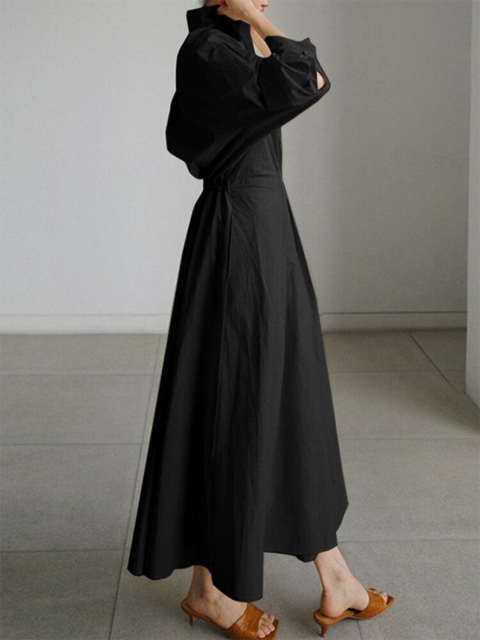 NTG Fad Women's Solid Pocket Button Lapel Long Sleeve Maxi Shirt Casual Dress