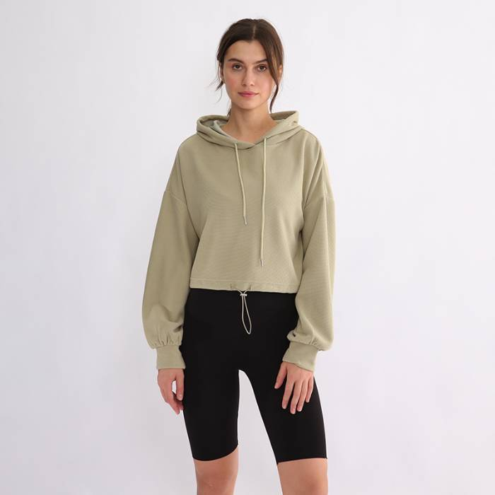 NTG Fad Womens Cropped Hoodie, Waffle Knit Drop Shoulder Drawstring Crop Top