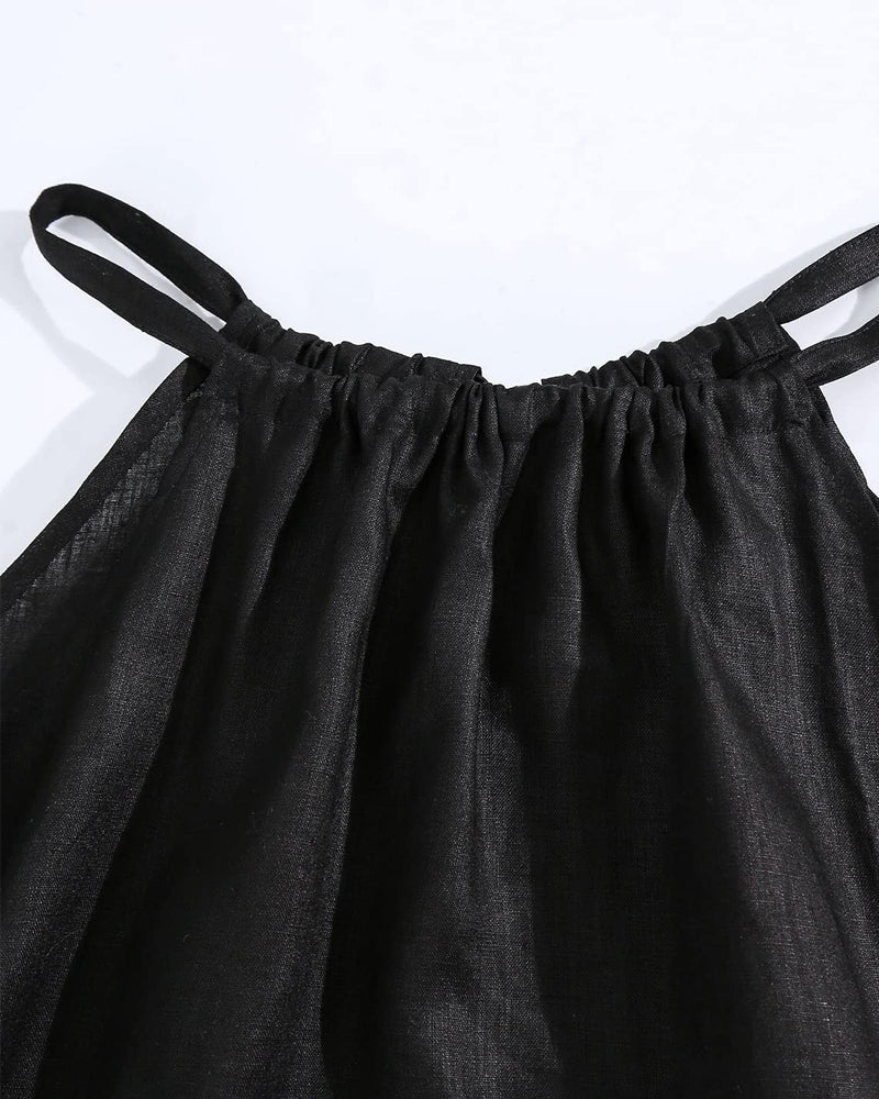 NTG Fad Womens Linen Halter Sleeveless Maxi Dress Tie Back with Belt and Pockets