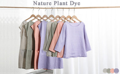 NTG Fad Womens Plant Dyed Linen 3/4 Sleeve Blouse with Slit Crewneck Summer Tops