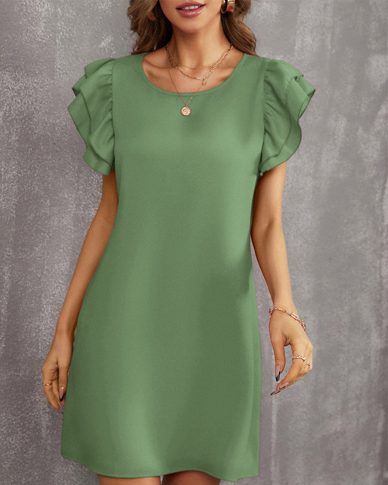 NTG Fad XS / Mint green Solid Color Round Neck Ruffle Dress-(Hand Made)