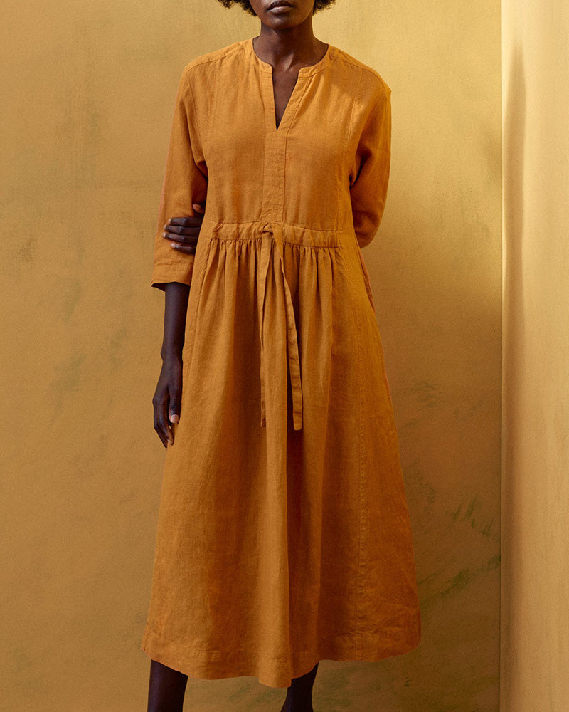NTG Fad XS / Orange Gathered Garment Dyed Linen Dress-(Hand Make)