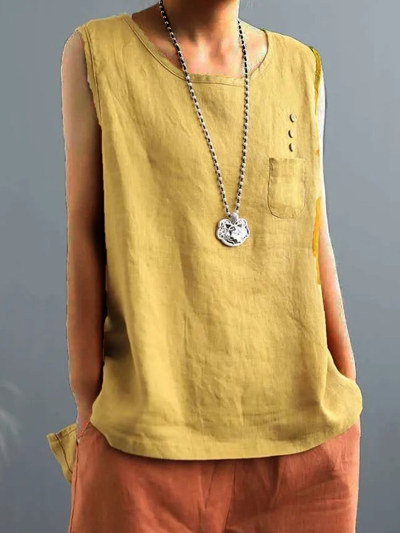 NTG Fad Yellow / L Women's Vintage Cotton Linen Solid  Loose T-shirt