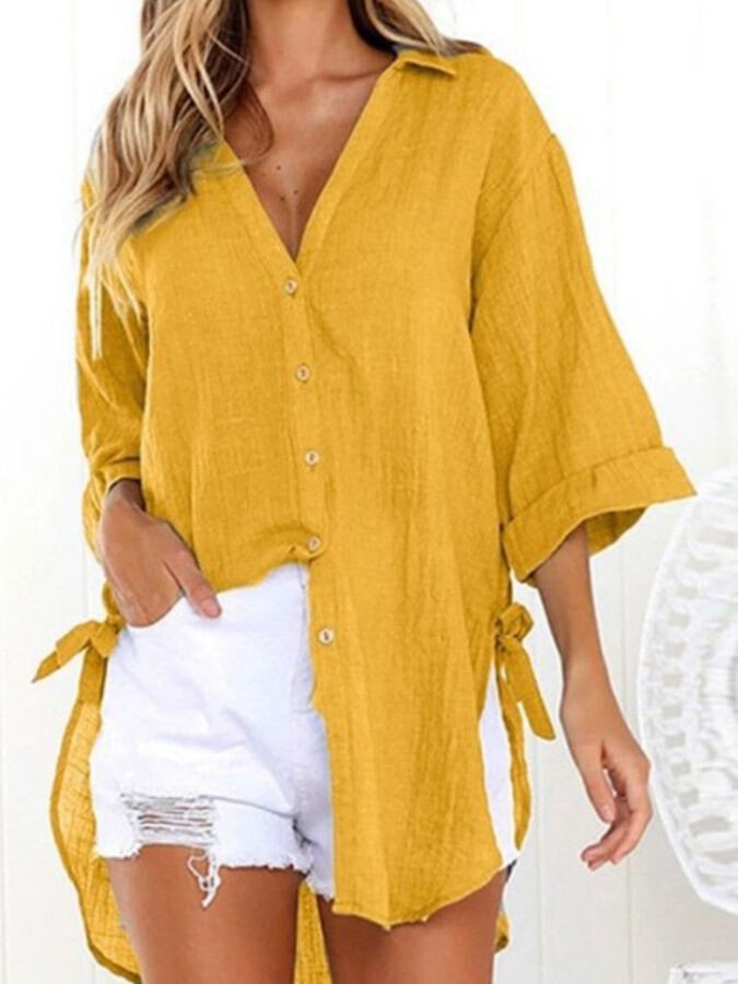 NTG Fad Yellow / M Ladies Cotton Linen Irregular Casual Shirt