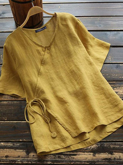 NTG Fad Yellow / M Women's Cotton Linen Solid Color Lace-Up Button-Up Shirt