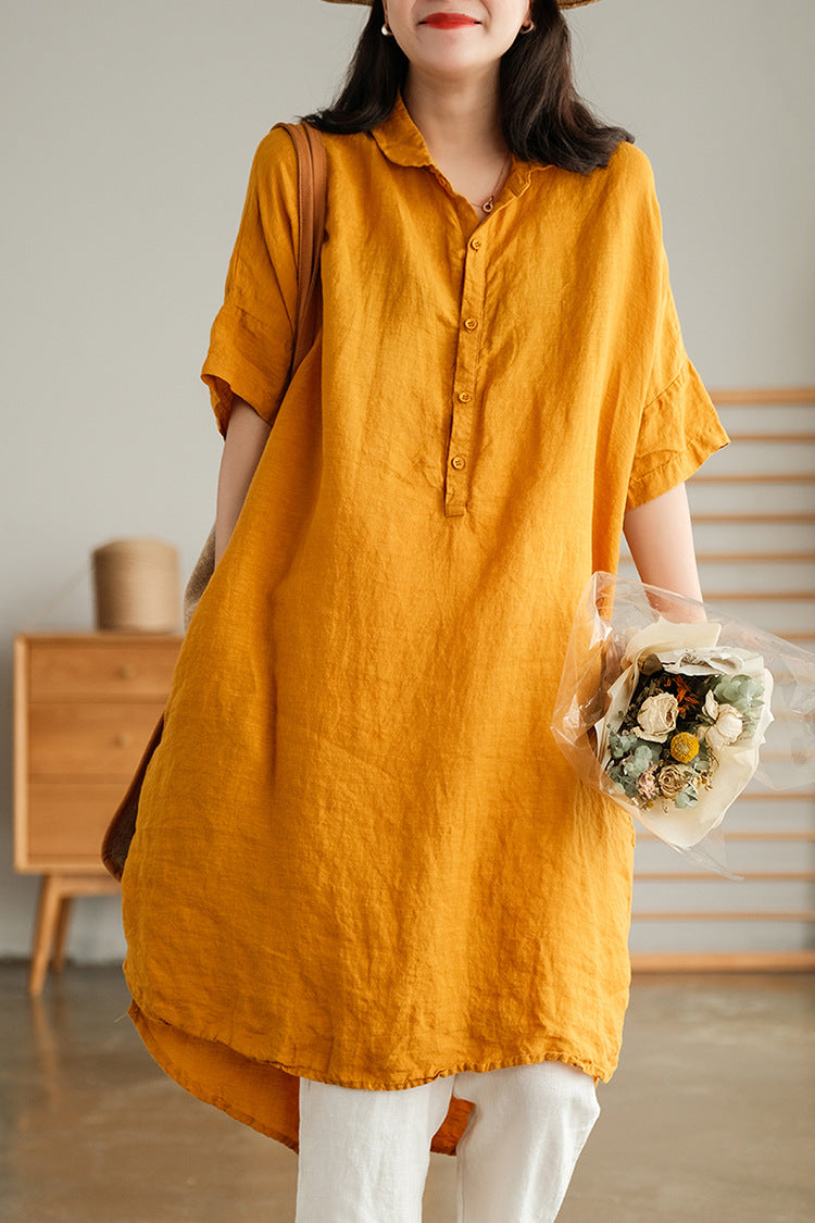 NTG Fad Yellow / M Women's Loose Cotton Linen Half Sleeve Dress