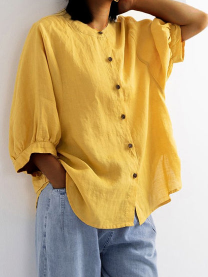 NTG Fad Yellow / M Women's Solid Color Lantern Sleeve Retro Loose Medium Sleeve Cotton Linen Shirt