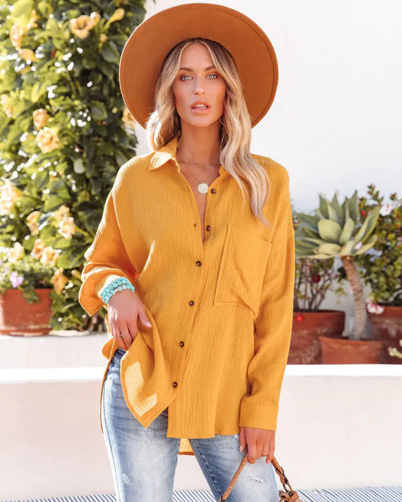 NTG Fad Yellow / S(4-6) Crinkle Crepe Casual Top Button-Down Long Sleeve Shirt Loose Blouse with Pocket