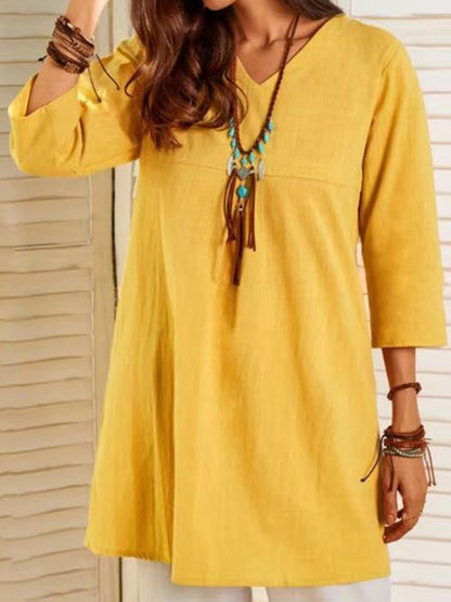 NTG Fad Yellow / S Ladies Cotton Linen V-Neck Casual Shirt