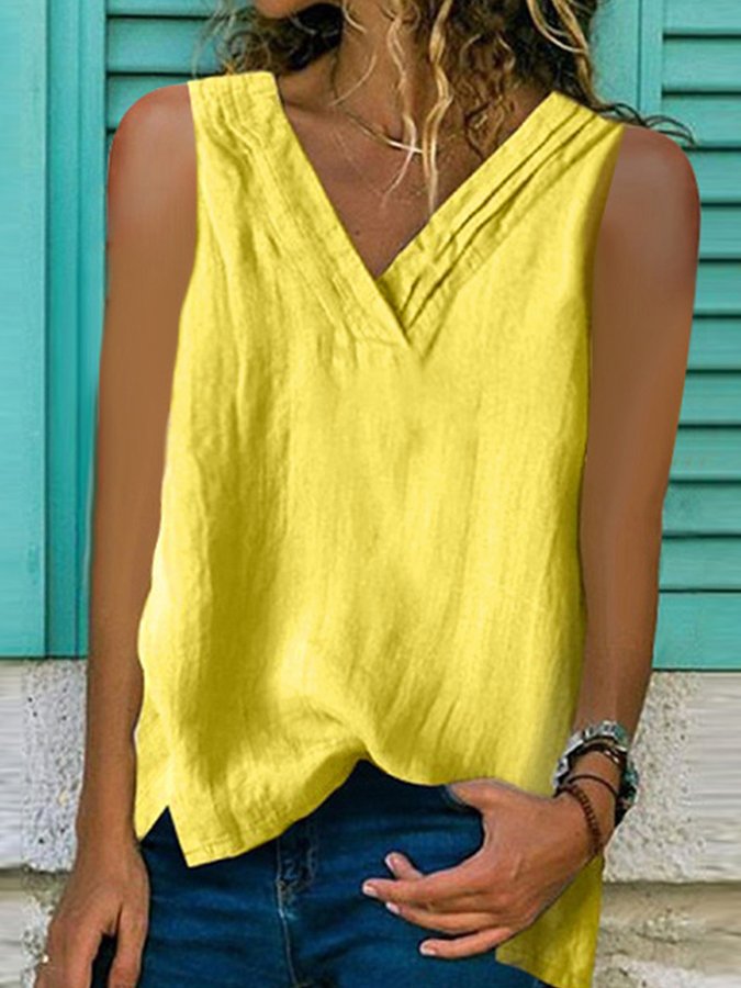 NTG Fad Yellow / S Ladies Cotton Linen V-Neck Hem Bifurcated Sleeveless Shirt