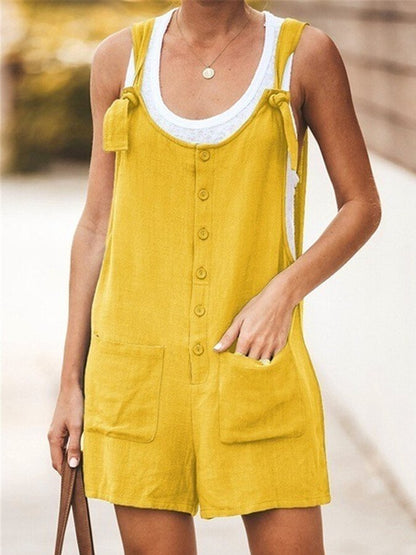 NTG Fad Yellow / S Ladies Spring/Summer Solid Color Round Neck Button Loose Short Jumpsuit