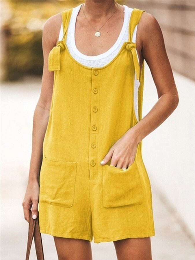 NTG Fad Yellow / S Ladies Spring/Summer Solid Color Round Neck Button Loose Short Jumpsuit