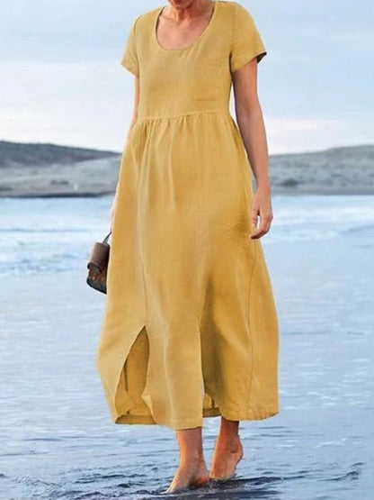 NTG Fad Yellow / S Loose Slit Short Sleeve Dress