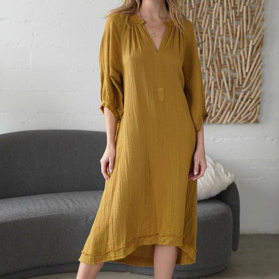 NTG Fad Yellow / S/M COTTON GAUZE DRESS WITH POCKETS(Hand Made)