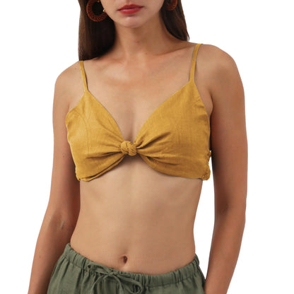 NTG Fad Yellow / S Pure Linen Front Knot V Neck Bikini Tops Casual Crop Cami