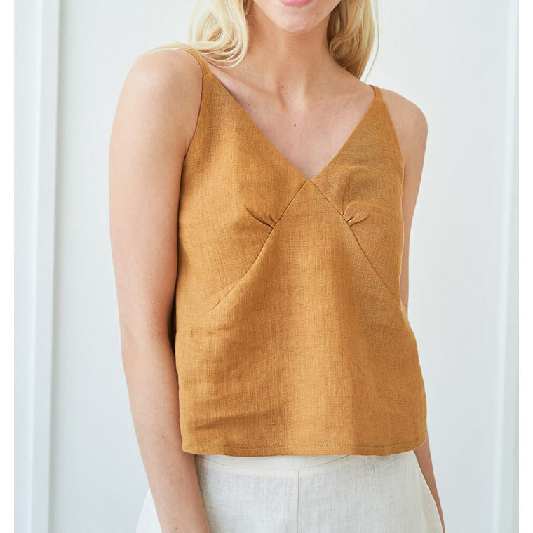 NTG Fad Yellow / S SPAGHETTI STRAP LINEN TOP (Hand Made)