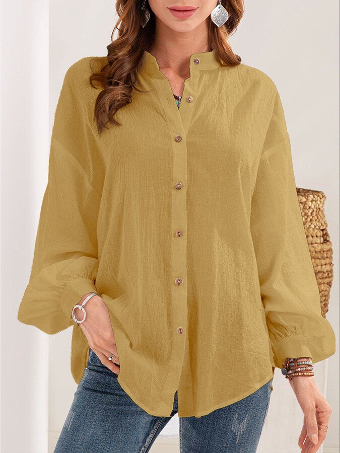 NTG Fad Yellow / S Women's Button V-neck Cotton Linen Shirt