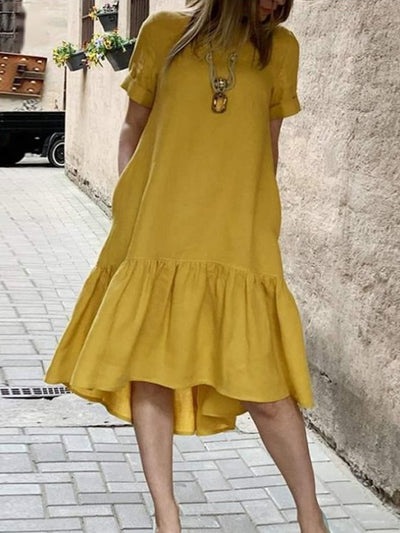 NTG Fad Yellow / S Women's Casual Elegant Ruffled Stitching Cotton Dress