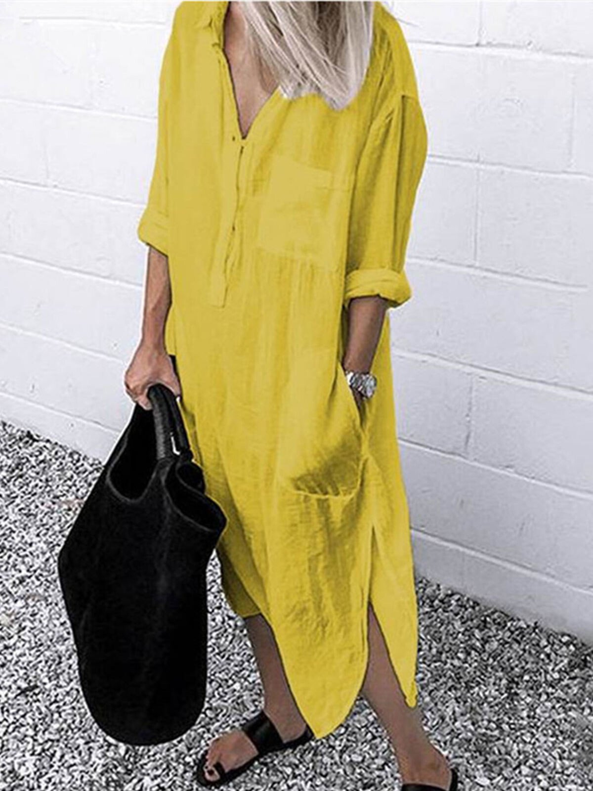 NTG Fad Yellow / S Women's Casual Pure Color Cotton Shirt Dress
