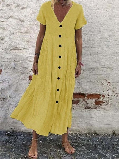 NTG Fad Yellow / S Women's Casual Solid Color Button V-Neck Cotton Linen Dress