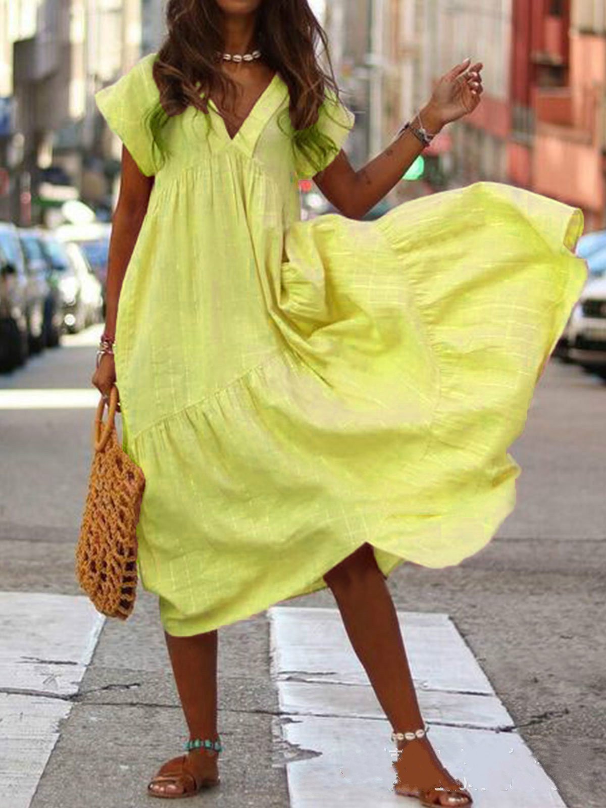 NTG Fad Yellow / S Women's Casual Solid Color Irregular Stitching V-Neck Dress