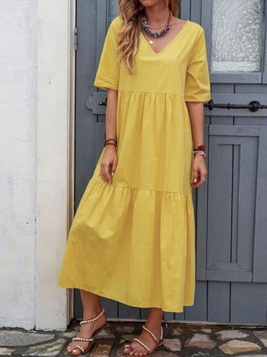 NTG Fad Yellow / S Women's Casual Solid Gathered Panel V-Neck Dress