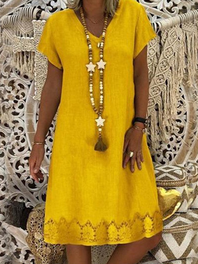 NTG Fad Yellow / S Women's Fashion Short Sleeve V Neck Midi Dress