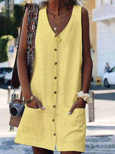 NTG Fad Yellow / S Women's Fashion Simple Cotton Linen V-Neck Pocket Sleeveless Cardigan Dress