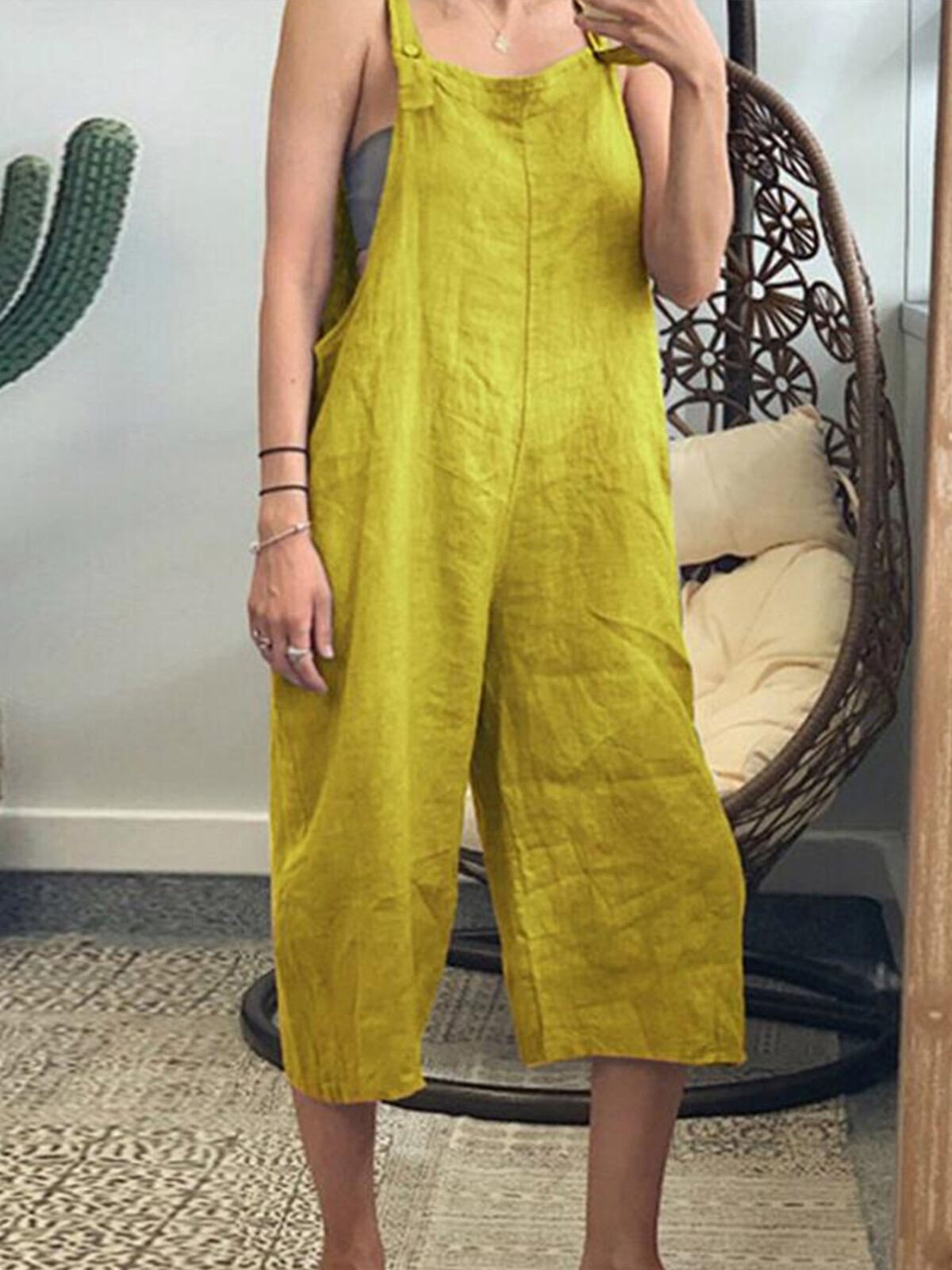 NTG Fad Yellow / S Women's Pure Color Cropped Wide Leg Overalls
