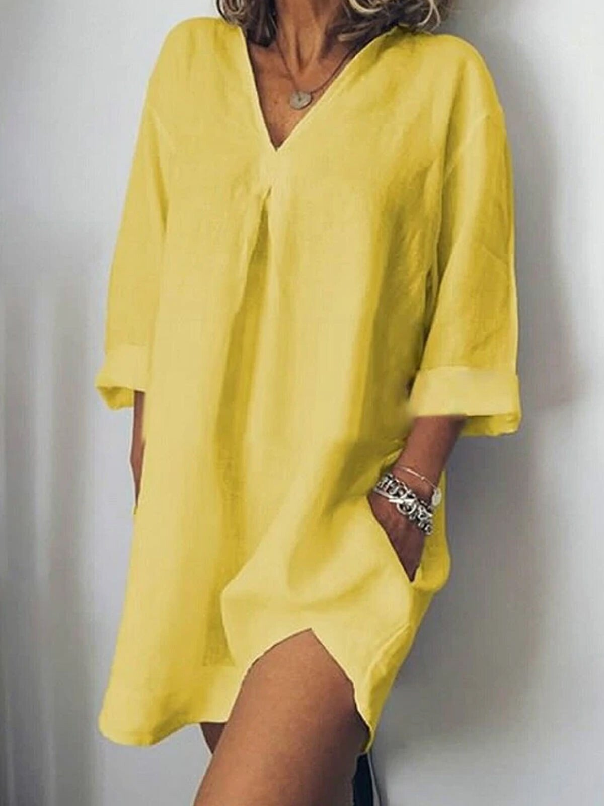 NTG Fad Yellow / S Women's Pure Color V-Neck Linen Dress
