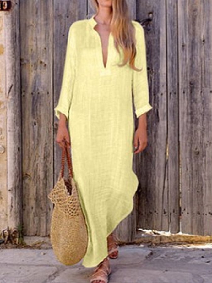 NTG Fad Yellow / S Women's Solid Color Deep V-Neck Slit Long Dress