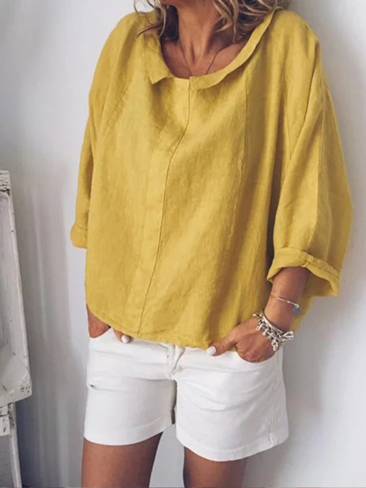 NTG Fad Yellow / S Women's Solid Color Small Lapel Pullover Cotton Linen Shirt