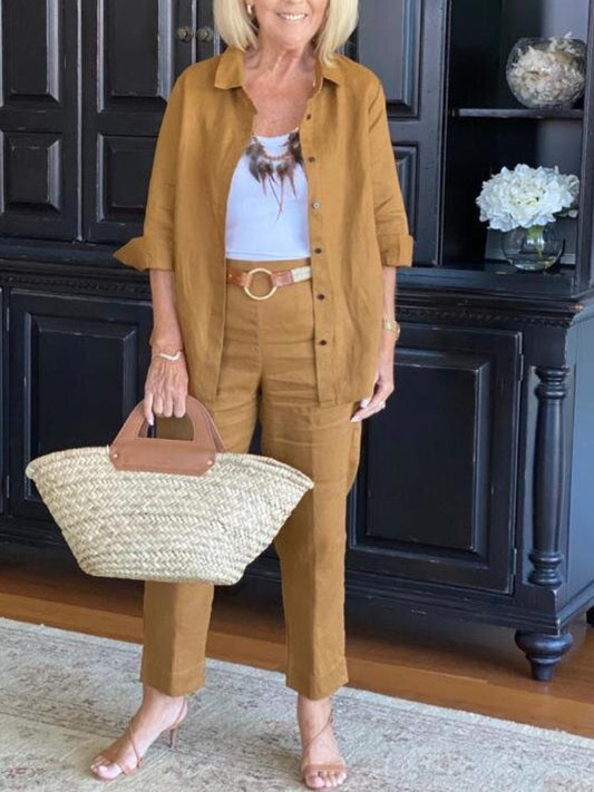 NTG Fad Yellowish brown / S Women's Solid Color Lapel Top Casual Pants Suits