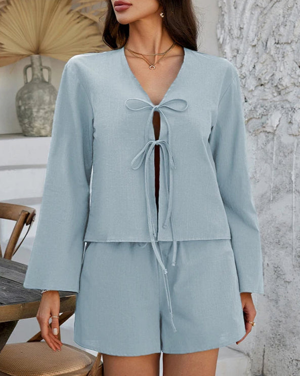 NTGFad 15 Light Blue / S Summer Vacation Beach Women Two Piece Set New Casual V-Neck Tie Long Sleeved Tops + Elastic Waist Pocket Shorts Sexy Ladies Suit