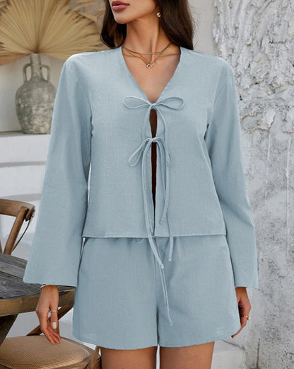NTGFad 15 Light Blue / S Summer Vacation Beach Women Two Piece Set New Casual V-Neck Tie Long Sleeved Tops + Elastic Waist Pocket Shorts Sexy Ladies Suit