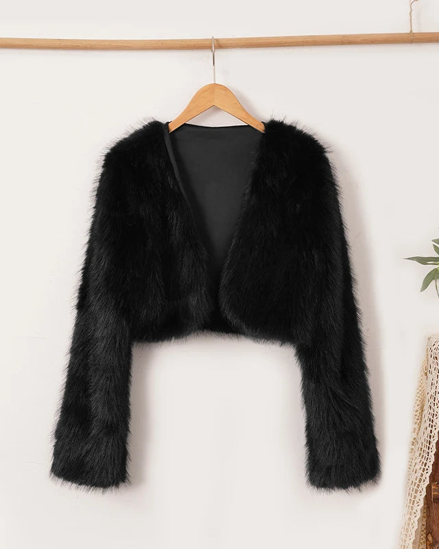 NTGFad Black / S Sexy Women's V-neck Short Faux Fur Coat