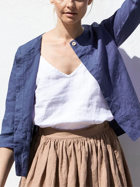 NTGFad Blue / S Retro 100% Linen Women Jacket